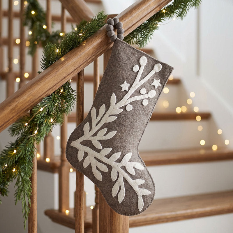 Hand Felted Wool Christmas Stocking, Stars and Branch on Gray