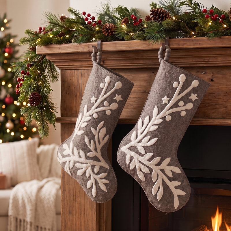 Hand Felted Wool Christmas Stocking, Stars and Branch on Gray