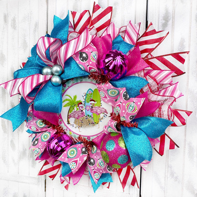 22" Pre-Lit Fir Christmas Wreath hung on a wooden door