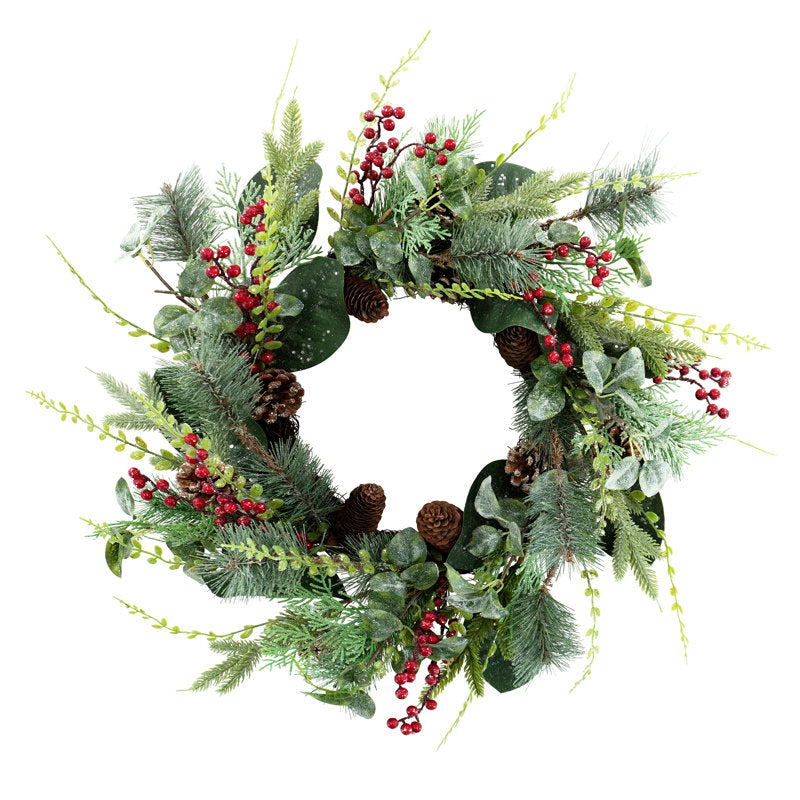 Pre-Lit Artificial Christmas Wreath hung on a wooden door
