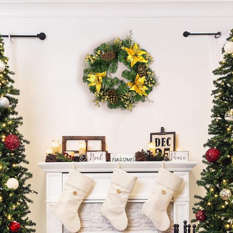 Pre-Lit Artificial Pine Christmas Wreath hung on a wooden door