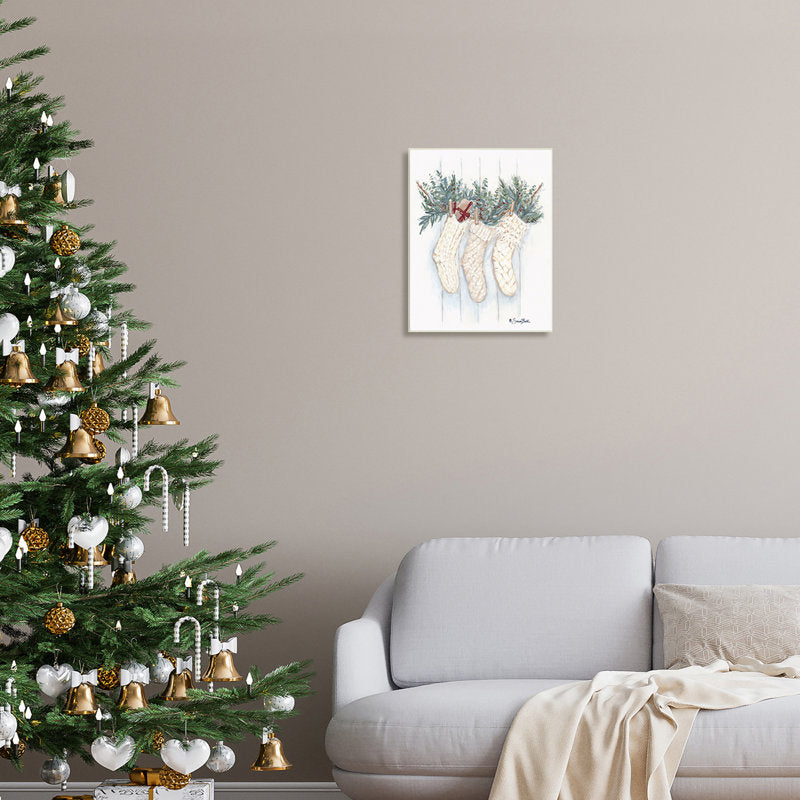Hanging White Knit Stockings Festive Holly Detail by Sara Baker - Painting