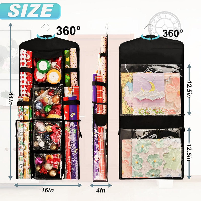Hanging Wrapping Paper Storage Organizer, Double-Sided Gift Wrap Holder, 360Â° Rotating Gift Bag Storage Organizer for Your craft, Accessories, Gift Warp Supply, Wrap Ribbon and Stationery