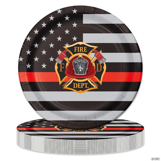 Havercamp Firefighter-Thin Red Line 9" Plates (24 Pack)! 24 Lg. Dinner Plates In The Official Thin Red Line Flag Pattern