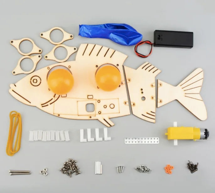 Wooden STEM Toys Puzzle Electric Swimming Fish DIY Kit Assemble Technology Educational Science Experiment Machnical Fish Model