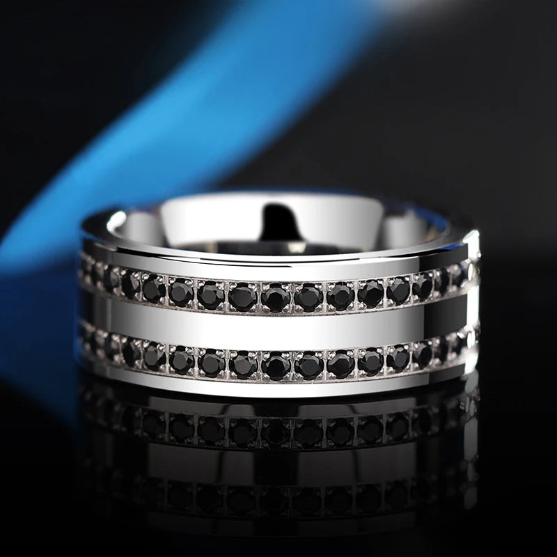 Wedding Rings for Men Women, 8mm Width Tungsten Carbide High Polished with White/Black CZ Stones, Customized