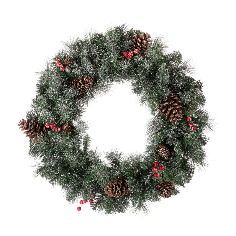 24" Glitter Pine Christmas Wreath displayed on a front door