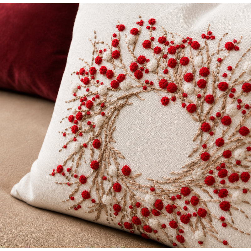 Holiday Berry Wreath Embroidered Feather Linen Reversible Throw Pillow