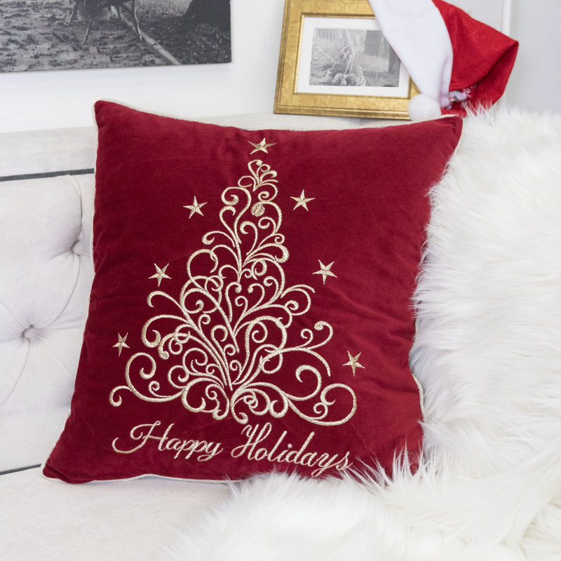 Holiday Embroidered Velvet Throw Pillow