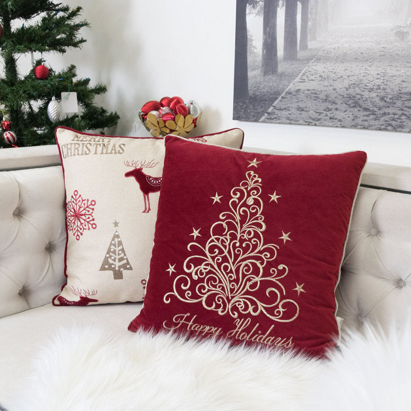 Holiday Embroidered Velvet Throw Pillow