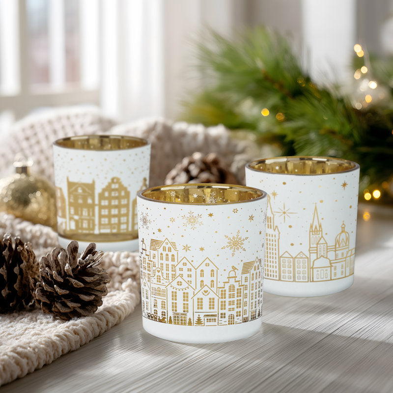 Holiday Glow European Cityscape Glass Hurricane Candle Holders â€“ Set of 3 For Tealights