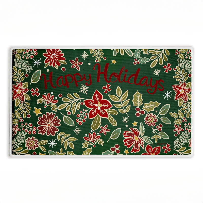 Holiday Poinsettia Greeting Printed Plush Bath Mat and Bath Rug, design by Jenny Faw, 18"x30"