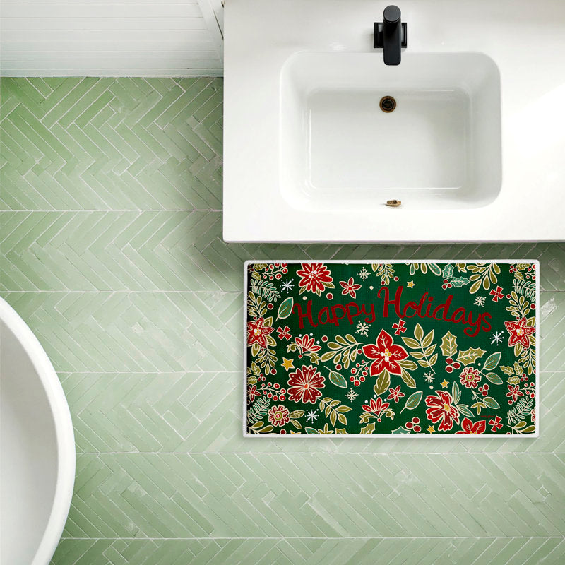 Holiday Poinsettia Greeting Printed Plush Bath Mat and Bath Rug, design by Jenny Faw, 18"x30"