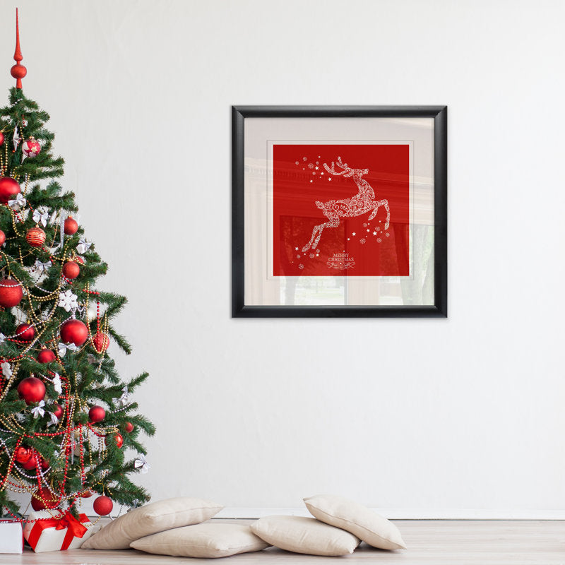 Holiday Reindeer Red Stencil - Matted and Framed Under Acrylic Glass, Large Living Room Wall Art