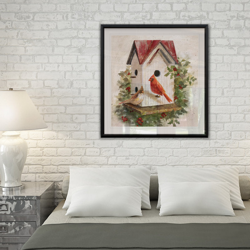 Holly Berry Birdhouse - Natural History Print, Matted and Framed Under Acrylic Glass, Study and Living Room Wall Art