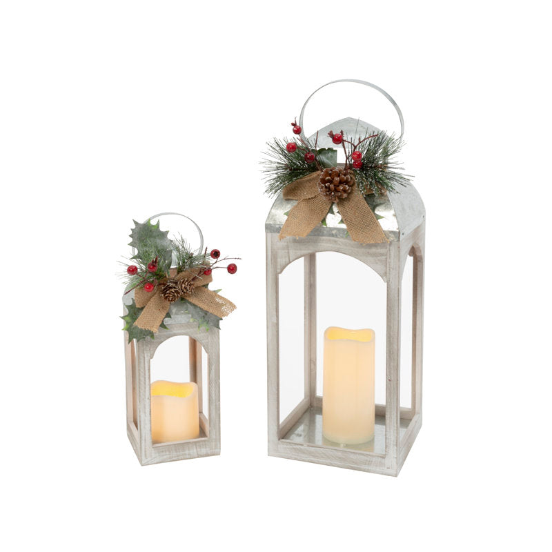 Illuminated Battery Operated Metal and Wood Church Scene Lantern