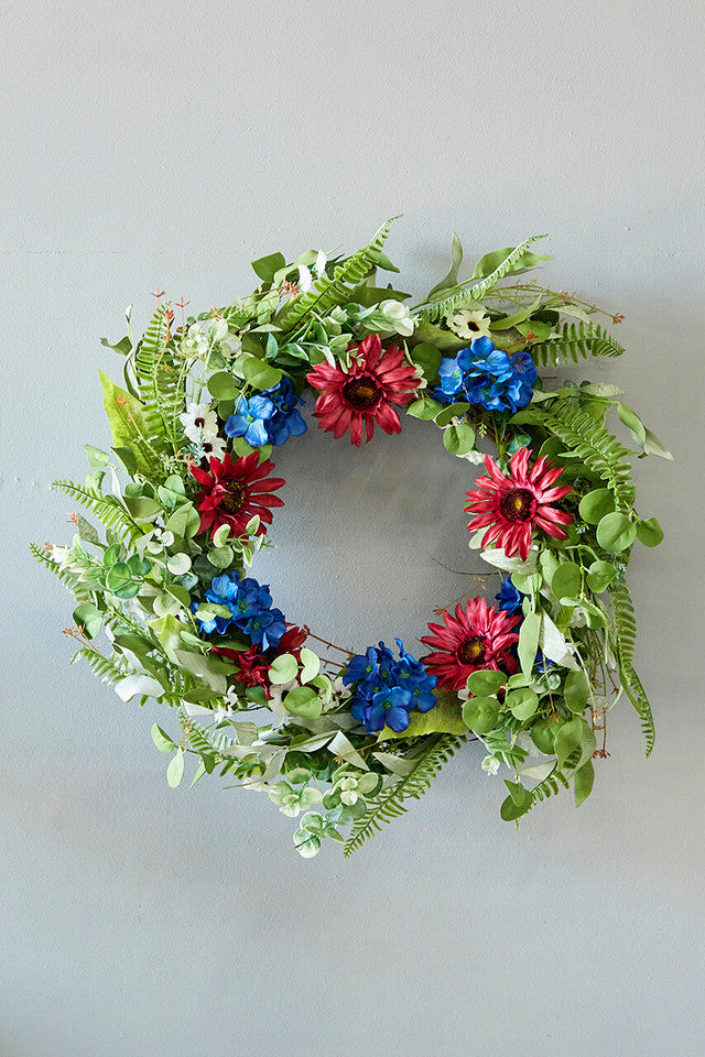 22" Patriotic Mixed Flower Wreath Red, White & Blue Floral Door Decor for Memorial Day & 4th of July