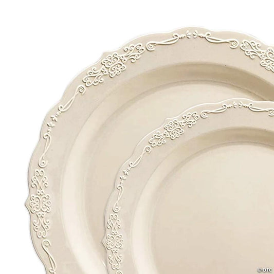 Ivory Vintage Round Disposable Plastic Dinnerware Value Set (40 Dinner Plates + 40 Salad Plates) | USA Decoration®