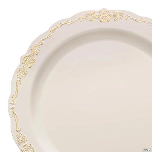 Ivory with Gold Vintage Rim Round Disposable Plastic Appetizer/Salad Plates (7.5") - 120 Plates | USA Decoration®