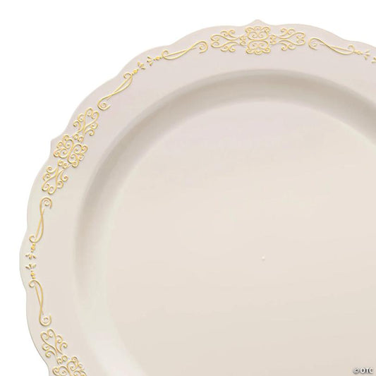 Ivory with Gold Vintage Rim Round Disposable Plastic Appetizer/Salad Plates (7.5") - (60 Plates) | USA Decoration®