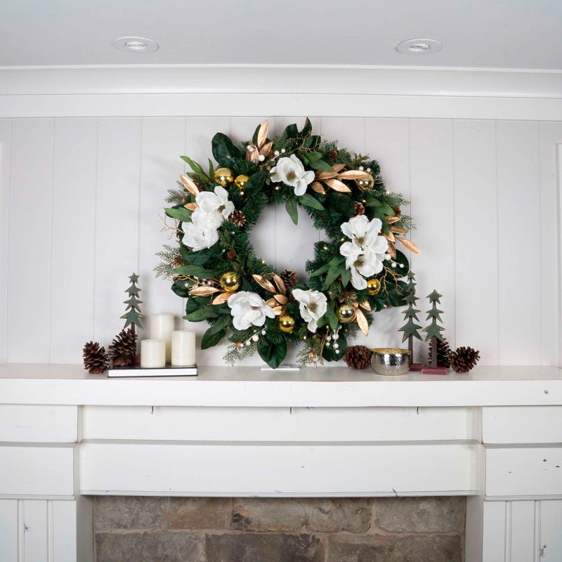 19" Flocked Artificial Pine Christmas Wreath on an outdoor entryway