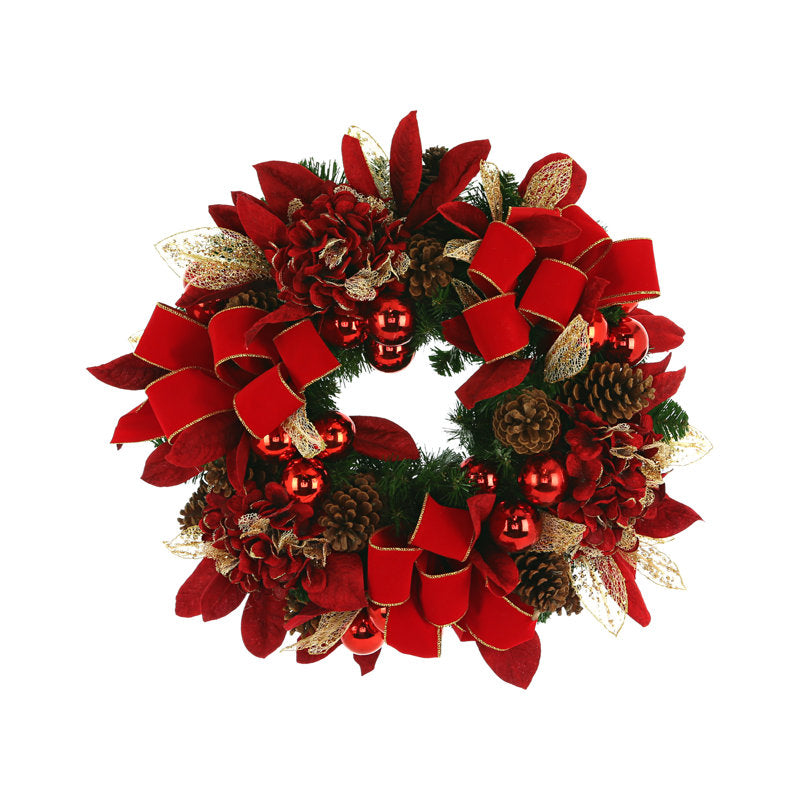 24" Pre-Lit Artificial Pine Christmas Wreath hung on a wooden door