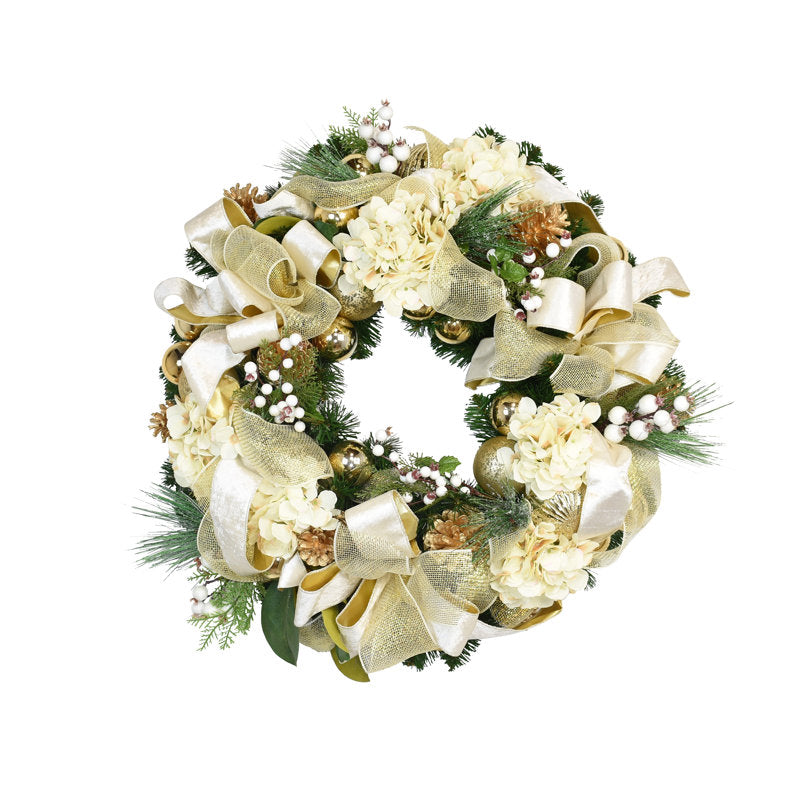 32" hydrangea Christmas wreath with pinecones and berries