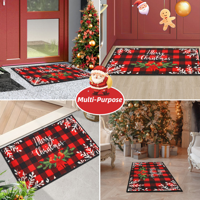 Kariss Christmas Door Mat 17"x30", Red Buffalo Plaid Door Mat Non Slip Merry Christmas Holiday Low-Profile Washable Entryway Rug Snowflake Door Mat Rugs for Front Back Door