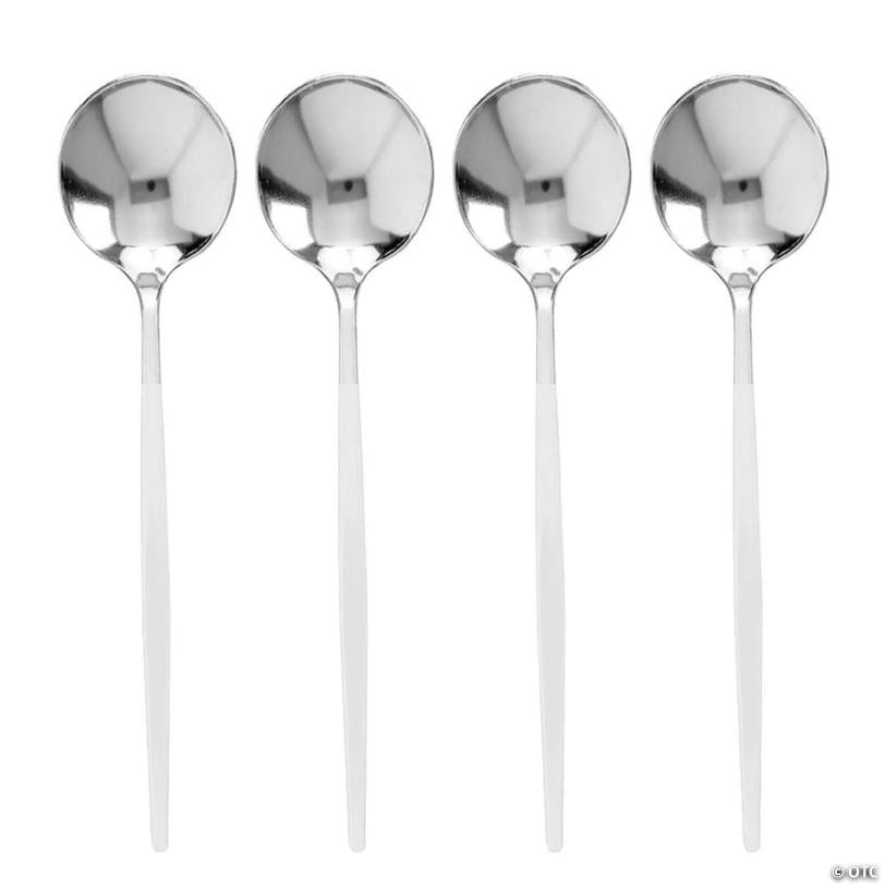 Kaya Collection Silver with White Handle Moderno Disposable Plastic Dinner Spoons (240 Spoons) | USA Decoration®