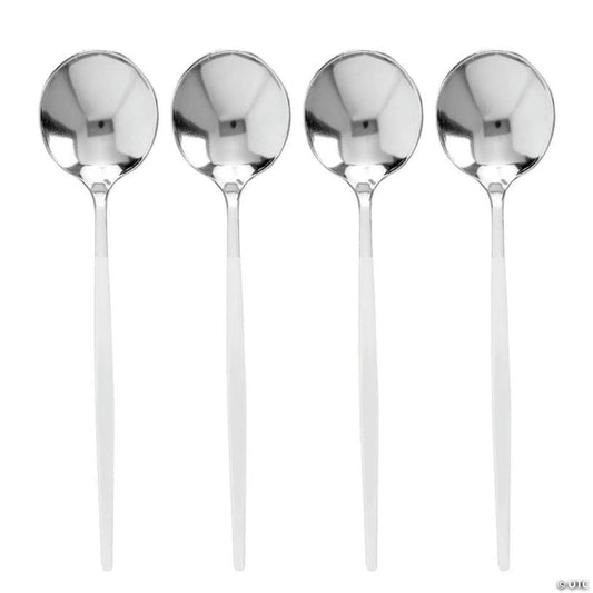 Kaya Collection Silver with White Handle Moderno Disposable Plastic Dinner Spoons (240 Spoons) | USA Decoration®