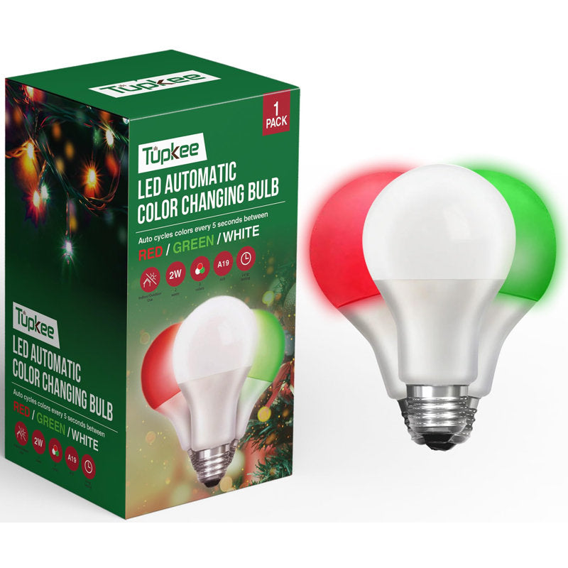 LED Automatic Color Changing Bulb - Automatically Cycles Between Red/Green/White Every 5 Seconds – A19, E26, 2-Watt Christmas Porch LED Light Bulb Holiday Decoration