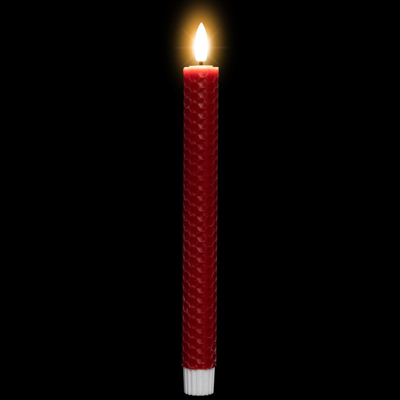 LED Flickering Flameless Taper Honeycomb Christmas Candles - 9.5" - Red - Set Of 2