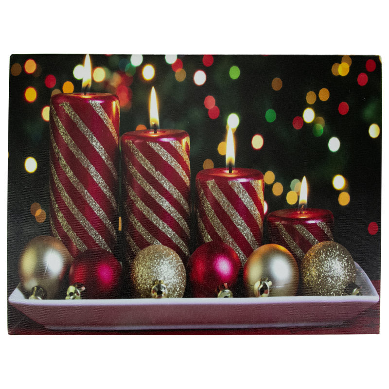 LED Lighted Red and Gold Christmas Candles Display Canvas Wall Art 11.75" x 15.75"