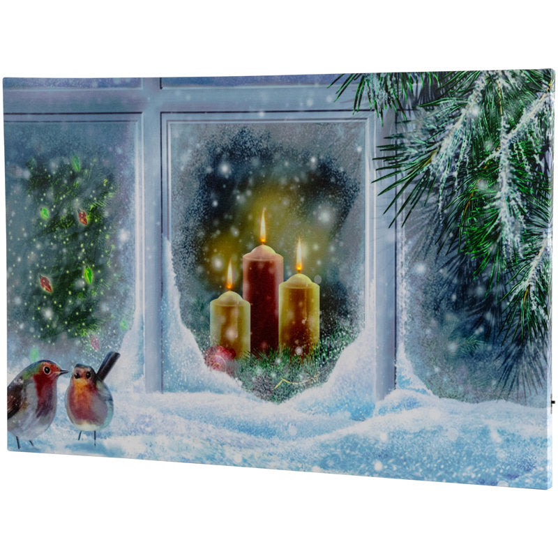 LED Lighted Snowy Window Pane and Candles Christmas Canvas Wall Art 23.5" x 15.5"