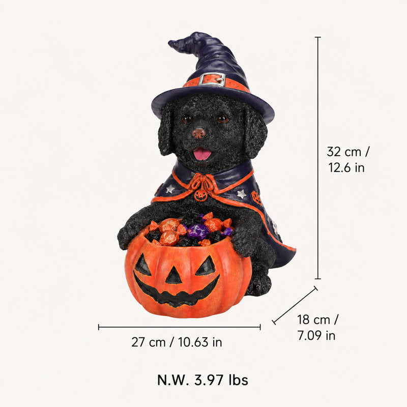Lighted Black Dog Witch Candy Bowl