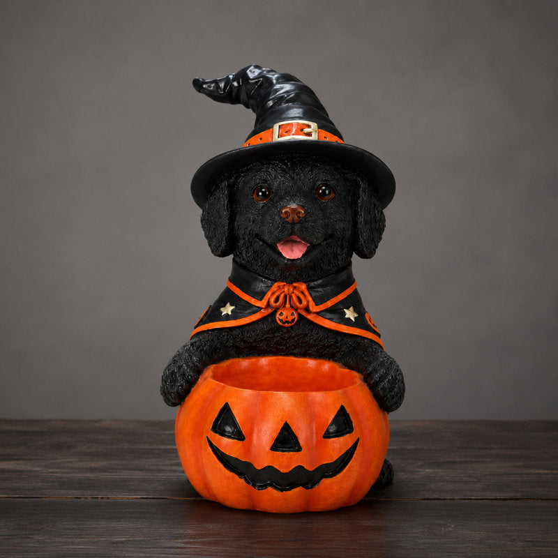 Lighted Black Dog Witch Candy Bowl