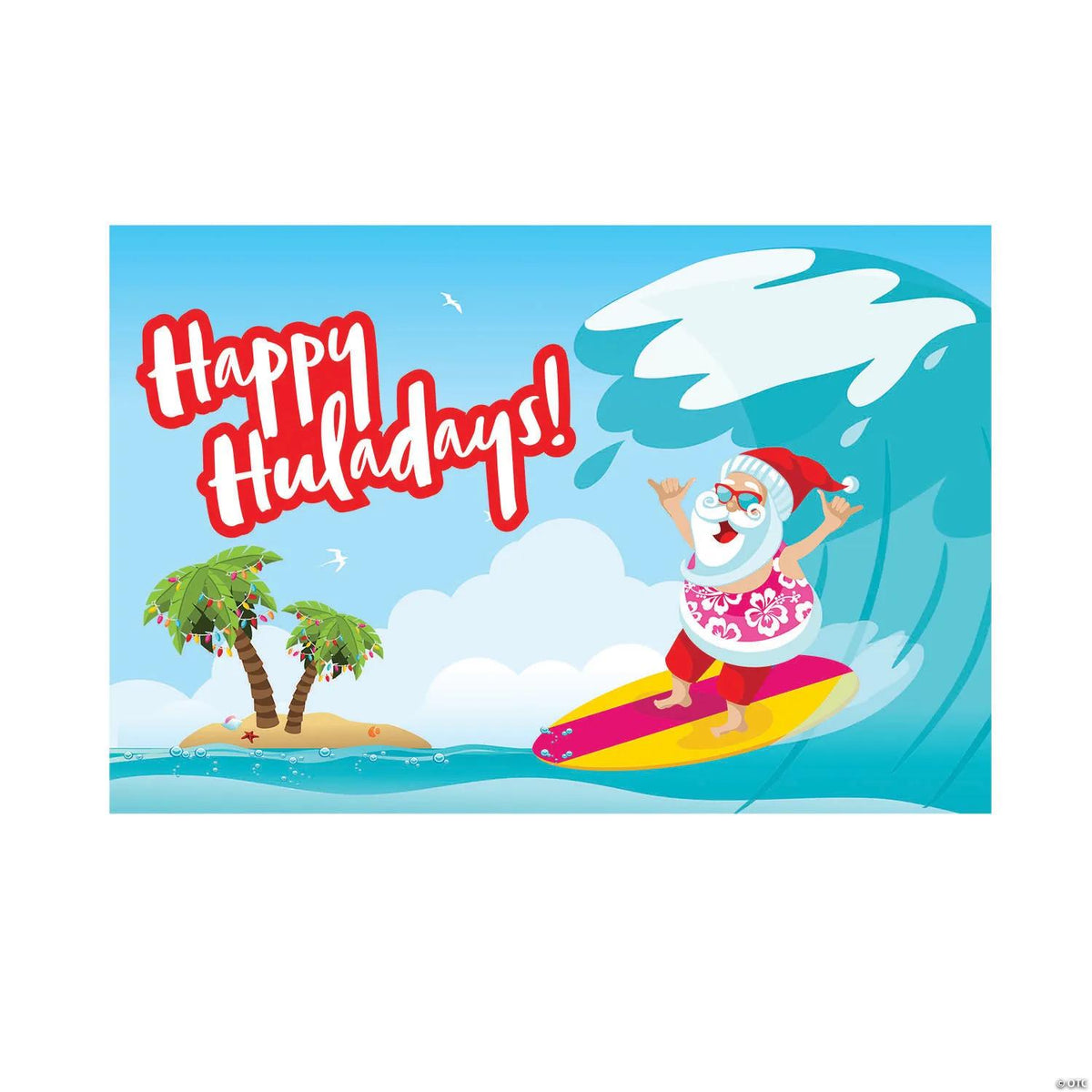 Luau Santa backdrop with tropical Christmas scene, 3-piece set, used as party decoration