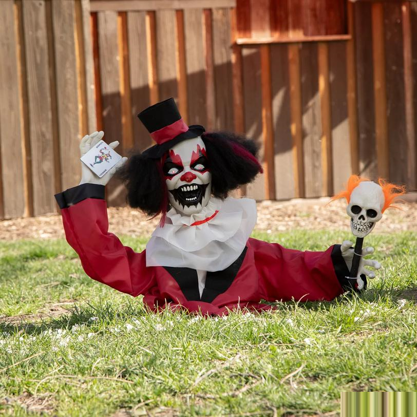 Groundbreaker Animated Black, Red & White Clown Halloween Decoration, 19 1/2"