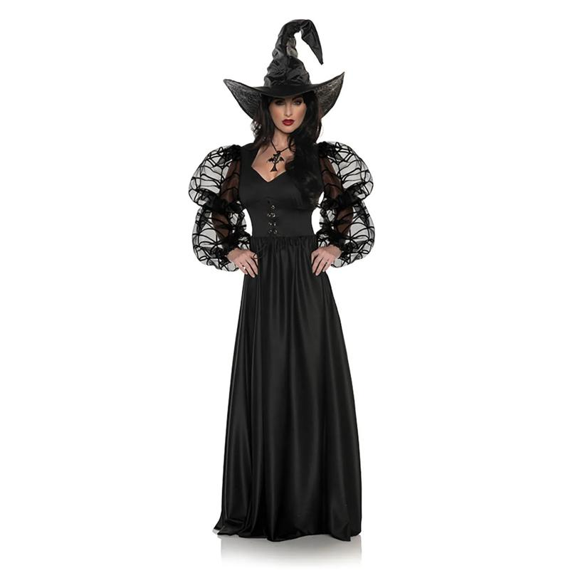 Adults Spider Web Mistress Black Lace Front Dress with Witch Hat Costume