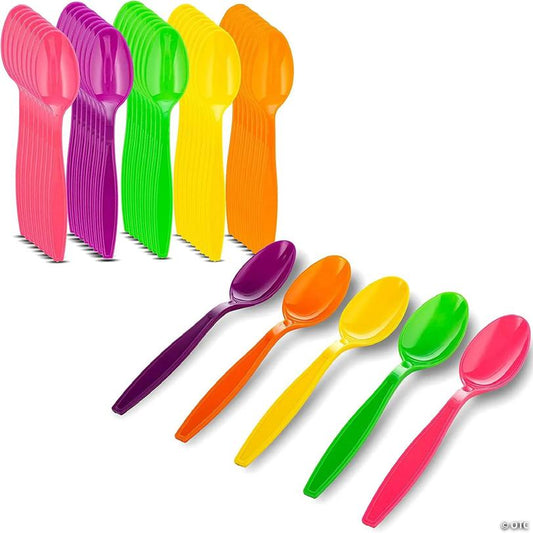MT Products 8" x 1.10" Assorted Colors Disposable Plastic Spoons - 50 Pieces | USA Decoration®