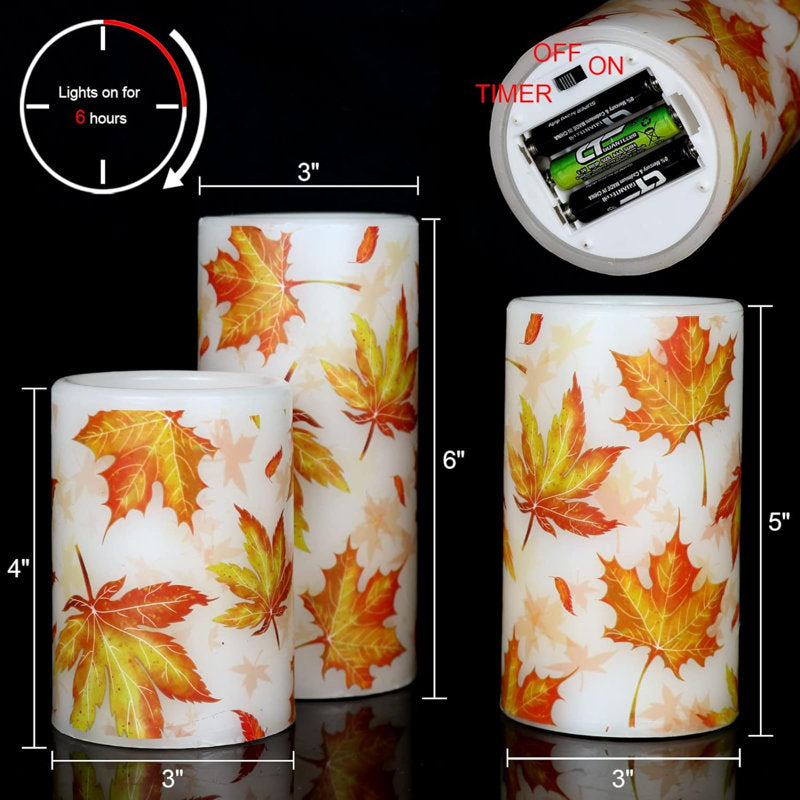 Maple Leaf Flickering Flameless Candles Battery Operated With 6 Hours Timer, Real Wax Led Pillar LED Candles Christms Wedding Decoration