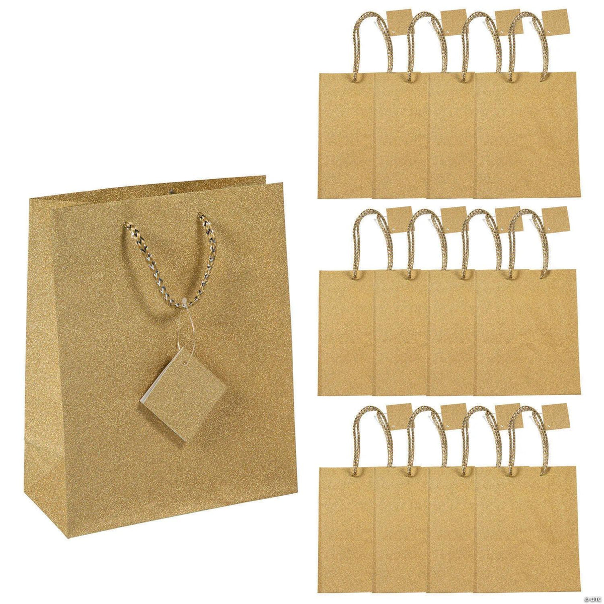 Twelve medium gold glitter gift bags with tags