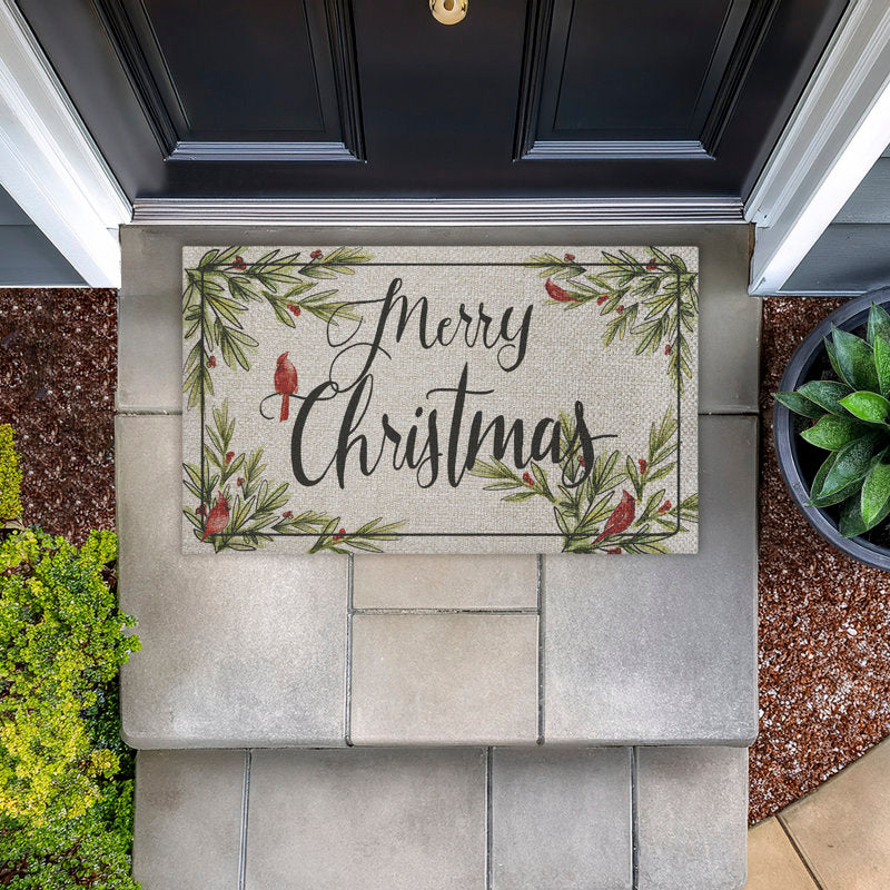 Merry Christmas Cardinals Outdoor Door Mat, design by Dogwood Portfolio, 18"x30"