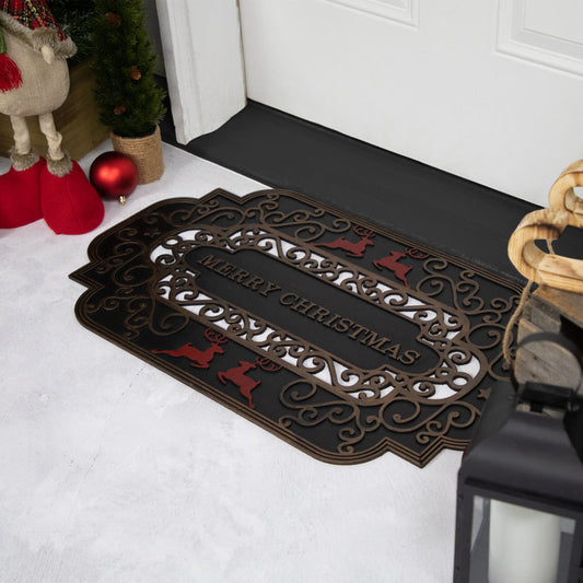 Merry Christmas Doormat with Red Reindeer 18" x 30"