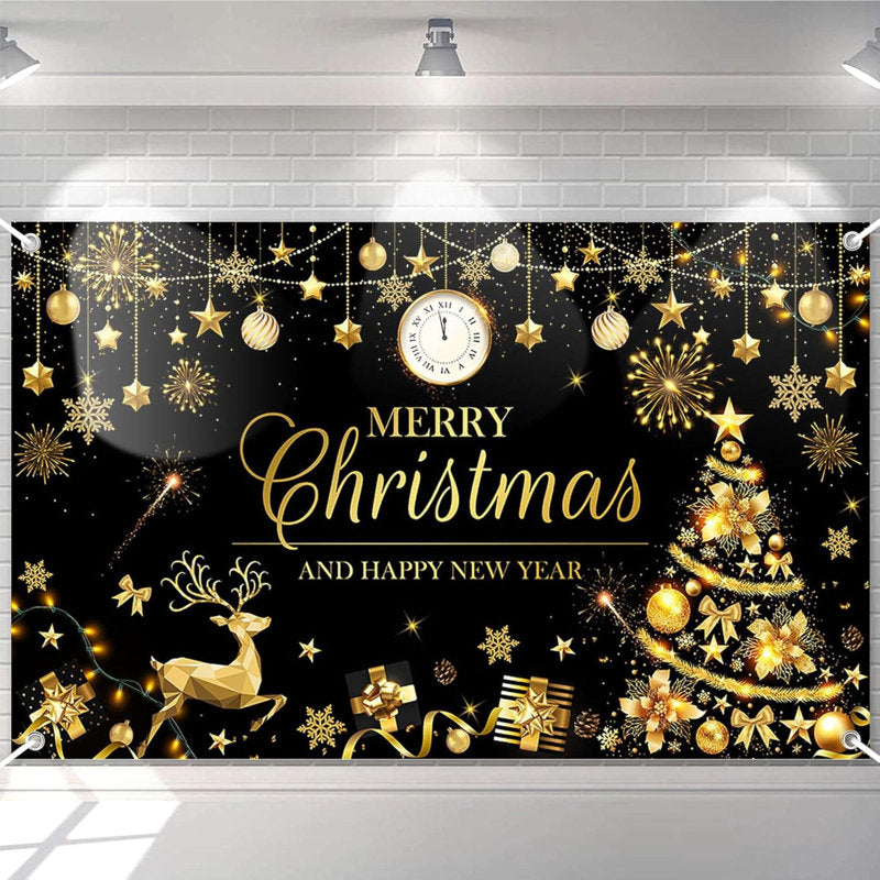 Merry Christmas Happy New Year Banner Christmas Black Gold Banner Happy New Year Banner Merry Christmas And Happy New Year Banner For Christmas And New Years Decorations 70.8 X 43.3 Inch