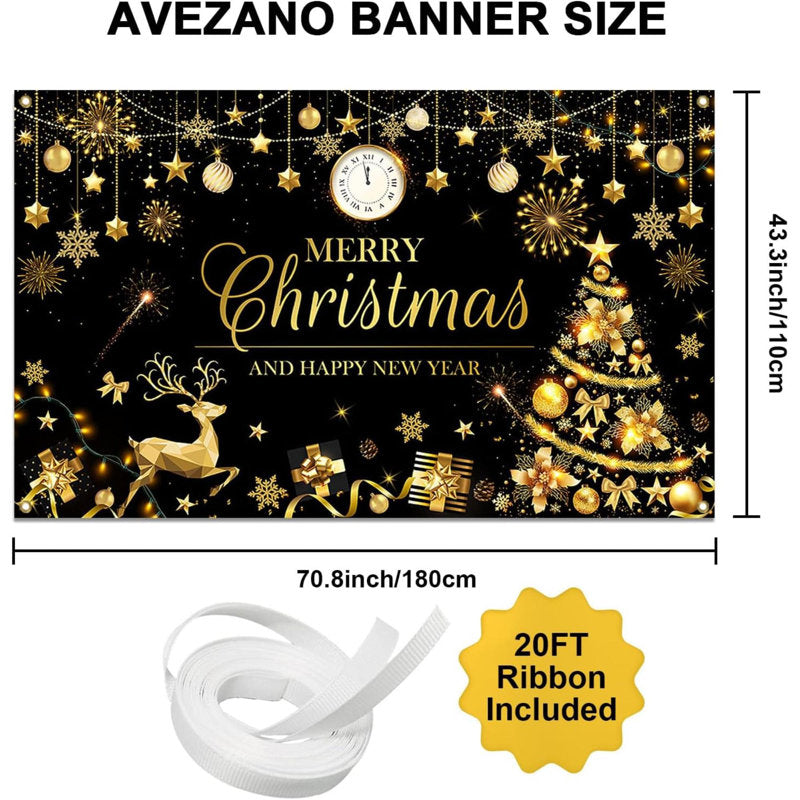 Merry Christmas Happy New Year Banner Christmas Black Gold Banner Happy New Year Banner Merry Christmas And Happy New Year Banner For Christmas And New Years Decorations 70.8 X 43.3 Inch