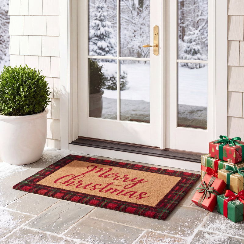 Merry Christmas Plaid Border Hand Loomed Indoor/Outdoor Doormat
