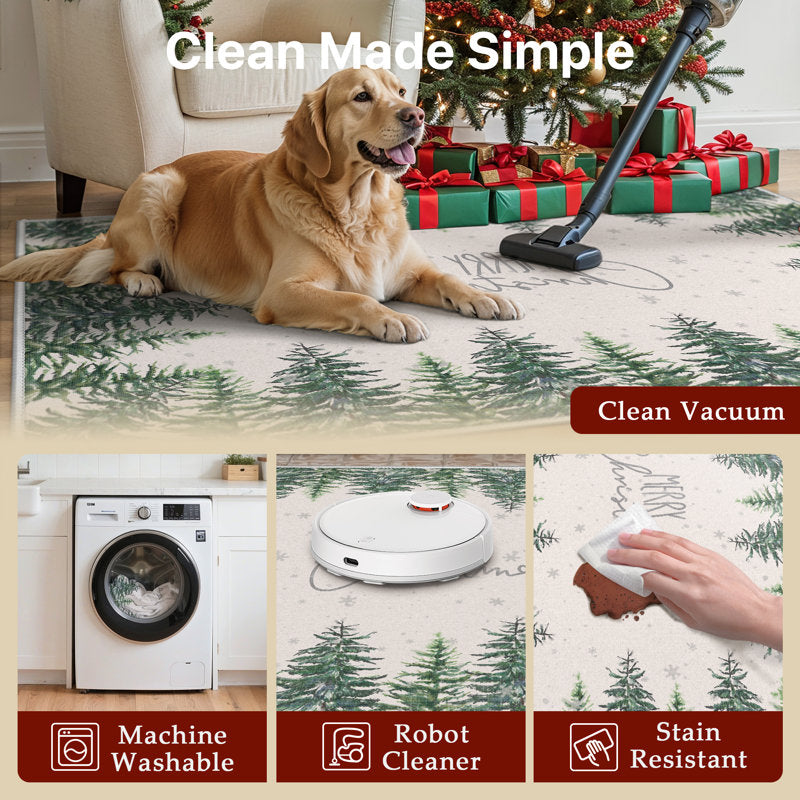 Merry Christmas Tree Low Pile Machine Washable Green Ivory Area Rug with Non-Slip Backing