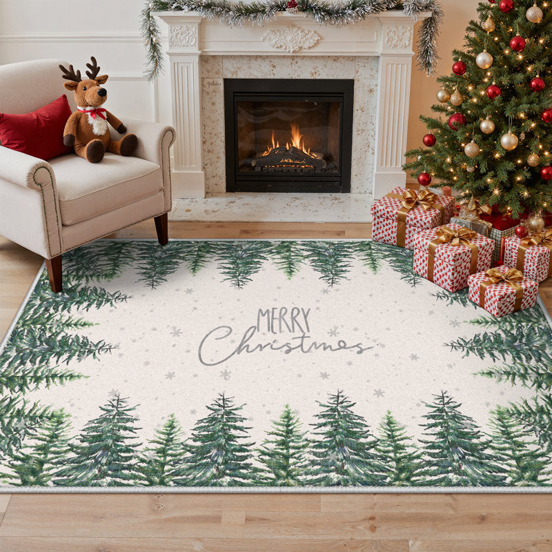 Merry Christmas Tree Low Pile Machine Washable Green Ivory Area Rug with Non-Slip Backing