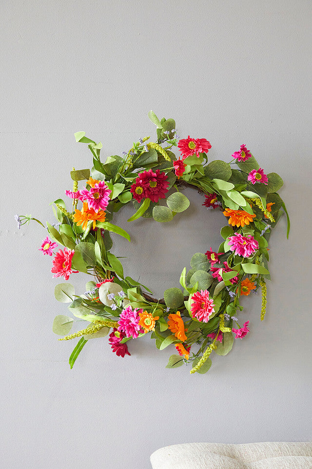 24" Mixed Gerbera Wreath Vibrant Silk Floral Memorial & Décor Wreath for All Seasons